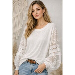 NWT Sioni Milano Long Sleeve Women 1X White Lace Boho Sheer Lace Cottagecore